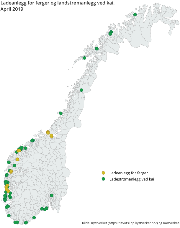 Figur 3. Ladeanlegg for ferger og landstrømanlegg ved kai. April 2019
