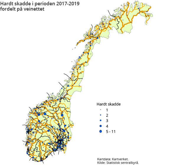 Figur 2. Hardt skadde i perioden 2017-2019 fordelt på veinettet Figur 2. Hardt skadde i perioden 2017-2019 fordelt på veinettet
