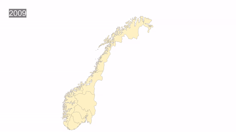 Animert kart med ladestasjoner i Norge som punkter. Utvikling over tid fra 2010 til 2020.