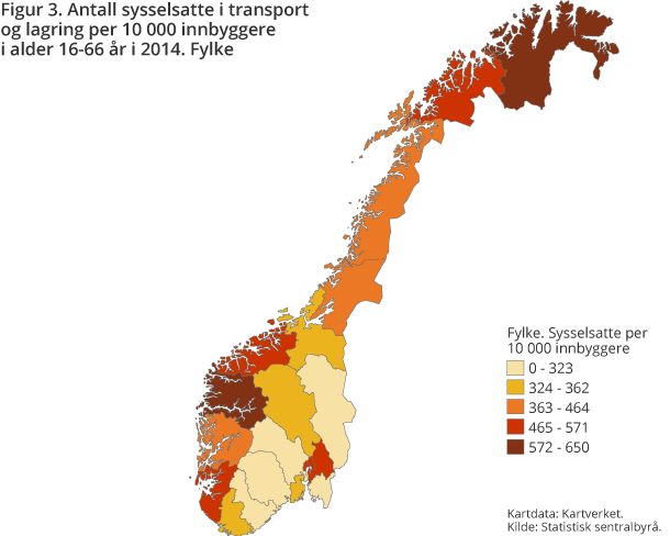 Figur 3. Antall sysselsatte i transport og lagring per 10 000 innbyggere i alder 16-66 år i 2014. Fylke Figur 3. Antall sysselsatte i transport og lagring per 10 000 innbyggere i alder 16-66 år i 2014. Fylke