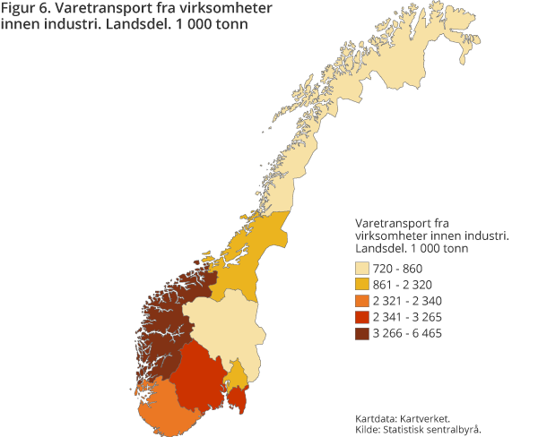 Figur 6. Varetransport fra virksomheter innen industri. Landsdel. 1 000 tonn