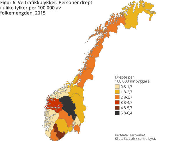 Veitrafikkulykker. Personer drept i ulike fylker per 100 000 av folkemengden. 2015