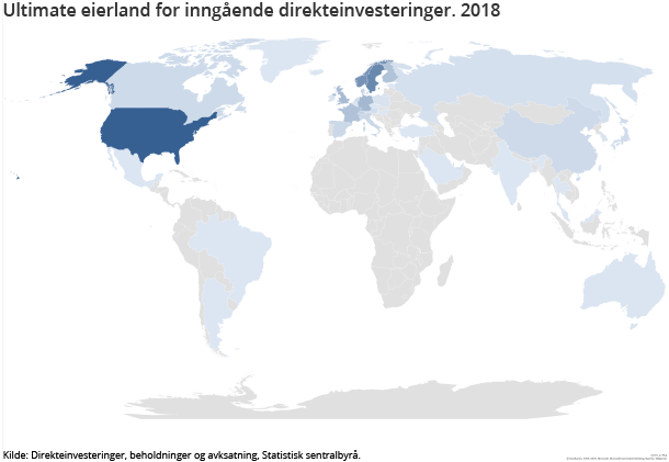 Figur 1. Ultimate eierland for inngående direkteinvesteringer. 2018 Figur 1. Ultimate eierland for inngående direkteinvesteringer. 2018
