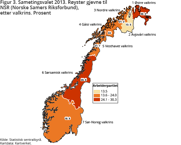 Figur 3. Sametingsvalet 2013. Røyster gjevne til NSR (Norske Samers Riksforbund), etter valkrins. Prosent Figur 3. Sametingsvalet 2013. Røyster gjevne til NSR (Norske Samers Riksforbund), etter valkrins. Prosent