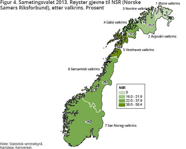 Figur 4. Sametingsvalet 2013. Røyster gjevne til NSR (Norske Samers Riksforbund), etter valkrins. Prosent Figur 4. Sametingsvalet 2013. Røyster gjevne til NSR (Norske Samers Riksforbund), etter valkrins. Prosent