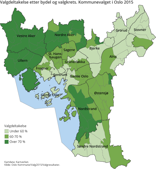 Figur 2. Valgdeltakelse etter bydel og valgkrets. Kommunevalget i Oslo 2015