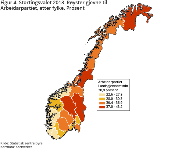 Figur 4. Stortingsvalet 2013. Røyster gjevne til Arbeidarpartiet, etter fylke. Prosent