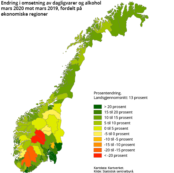 Figur 1. Endring i omsetning av dagligvarer og alkohol  mars 2020 mot mars 2019, fordelt på  økonomiske regioner